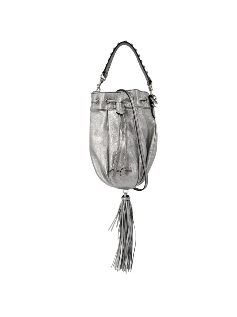 Miu Miu 2-Way Tassel Drawstring Shoulder Bag Crossbody Leather Rhinestone Silver